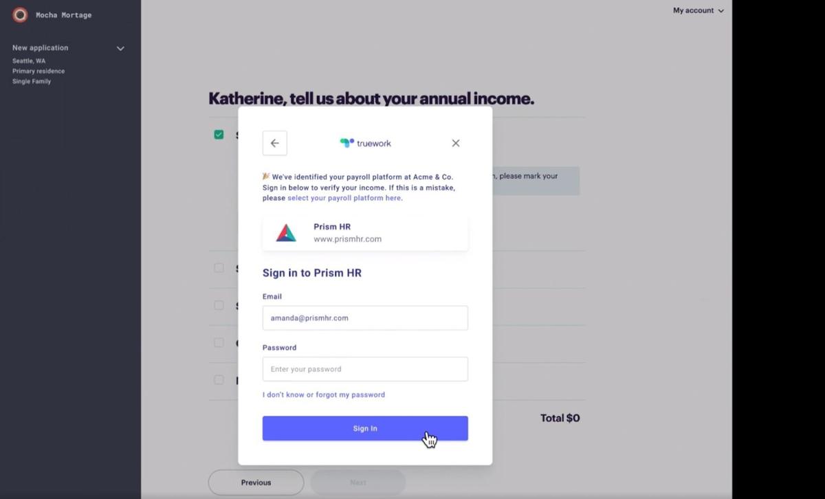 Truework user-permissioned income verification in a mortgage application.